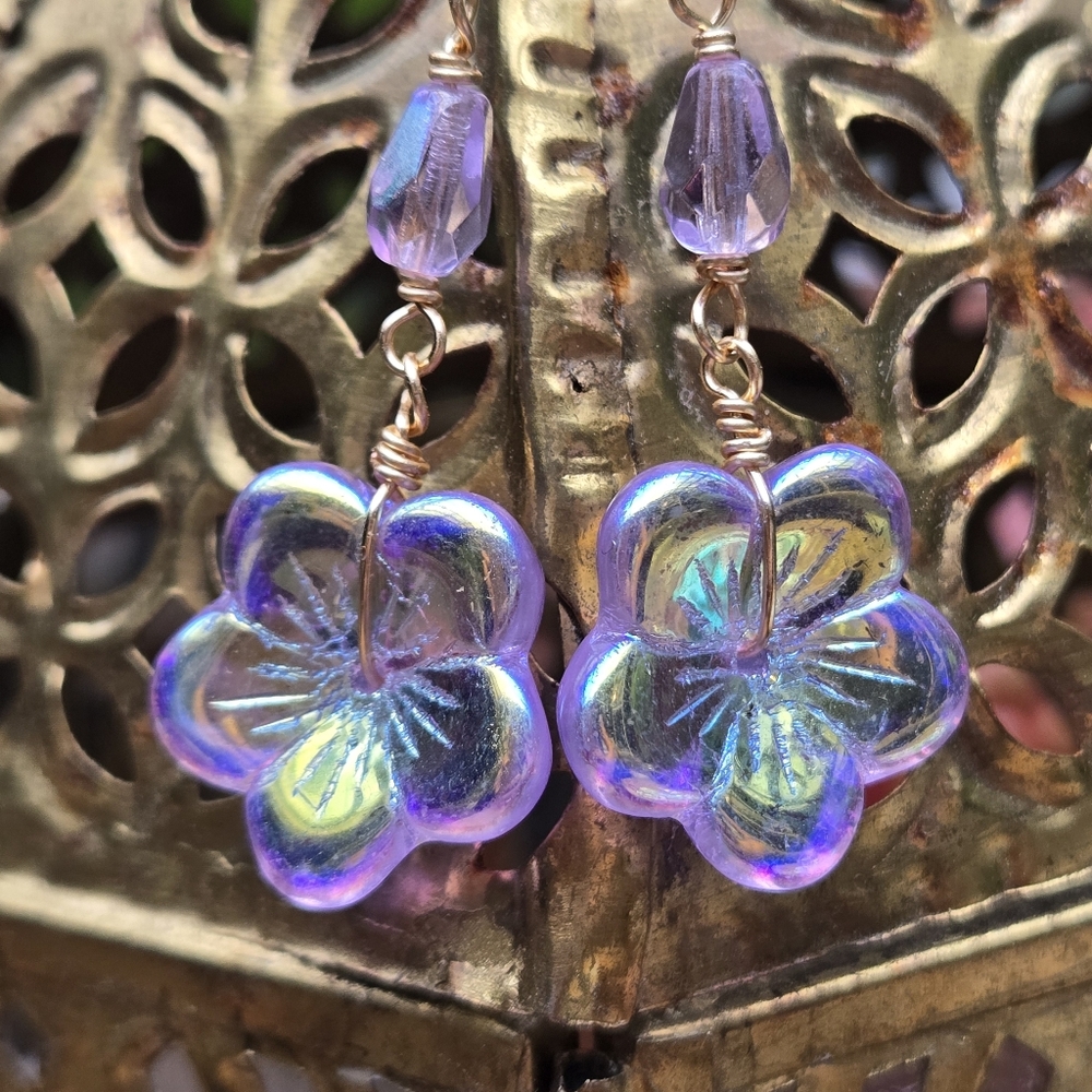 Thistle Purple AB Czech Glass Flower Dangle Earrings, NEW 18K Gold Plated Hooks - Picture 2 of 9